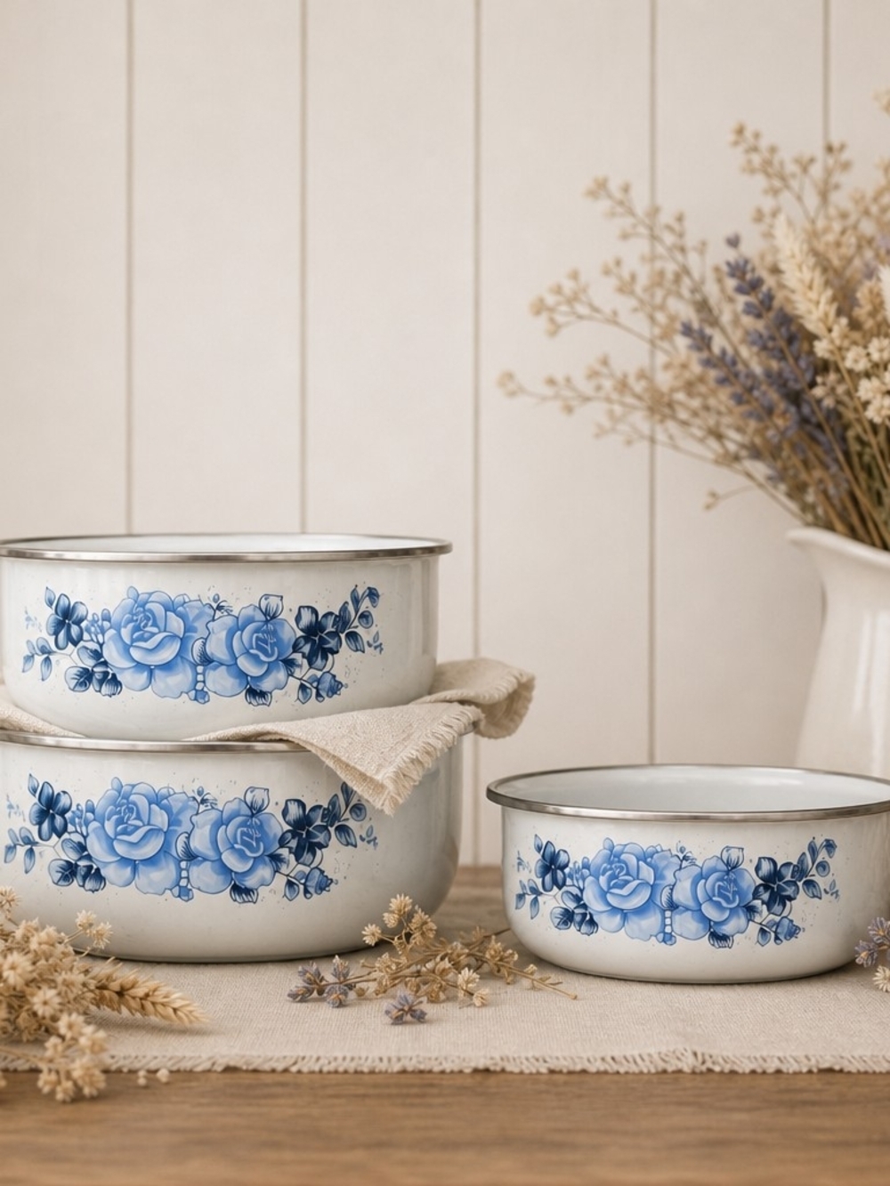 VTG Lincoware Enamel Nesting Bowls Set of 3 Blue Velvet Rose Cottagecore